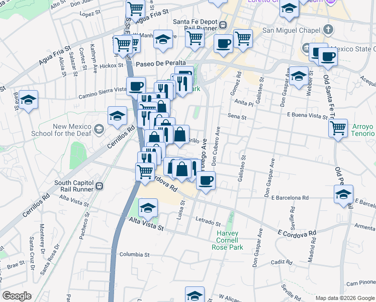 map of restaurants, bars, coffee shops, grocery stores, and more near 530 Don Canuto Street in Santa Fe