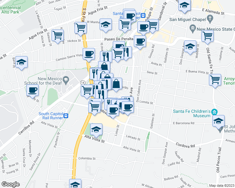 map of restaurants, bars, coffee shops, grocery stores, and more near 530 Don Canuto Street in Santa Fe