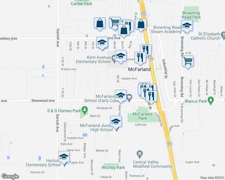 map of restaurants, bars, coffee shops, grocery stores, and more near 446 California Avenue in McFarland