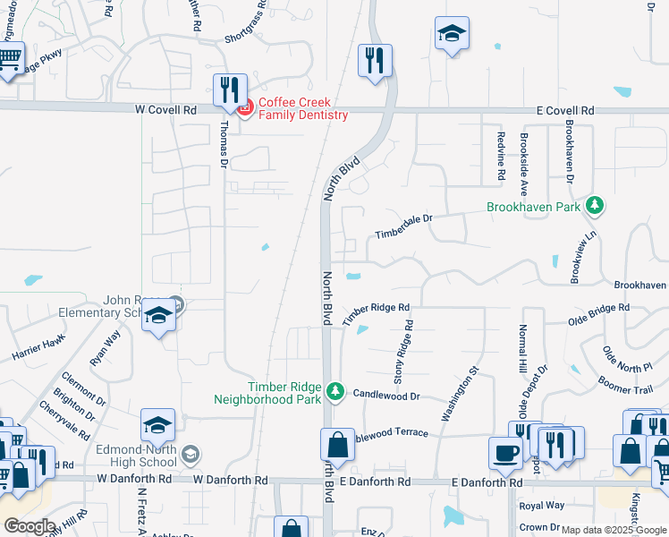 map of restaurants, bars, coffee shops, grocery stores, and more near 200 Timberdale Terrace in Edmond