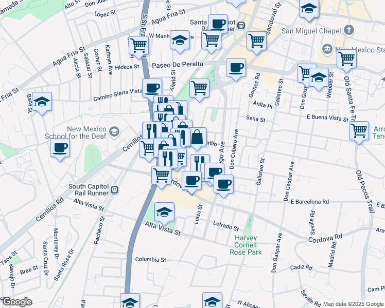 map of restaurants, bars, coffee shops, grocery stores, and more near 1012 Marquez Place in Santa Fe