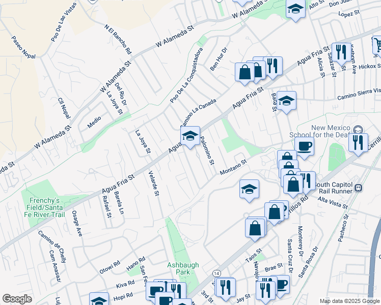 map of restaurants, bars, coffee shops, grocery stores, and more near 1604 Agua Fria Street in Santa Fe
