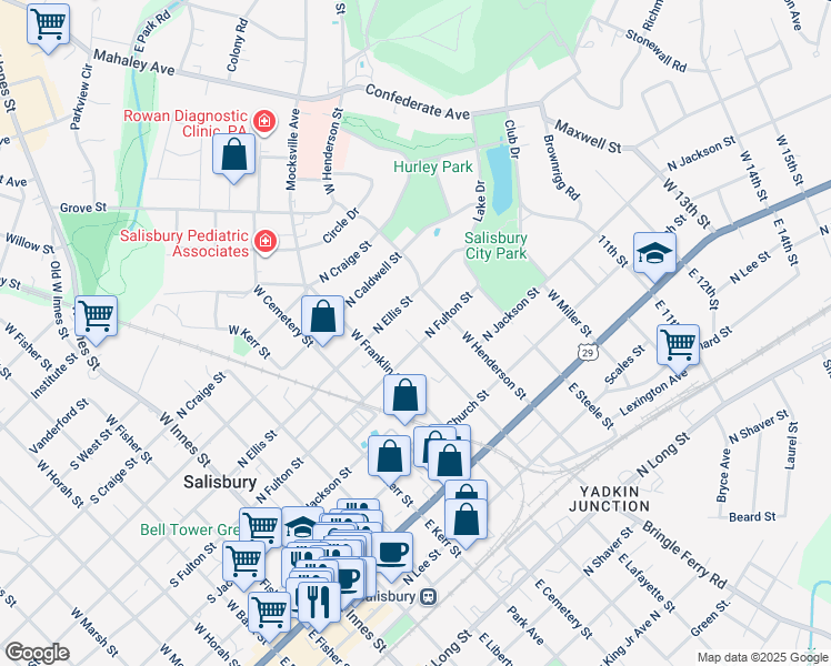 map of restaurants, bars, coffee shops, grocery stores, and more near 702 North Fulton Street in Salisbury