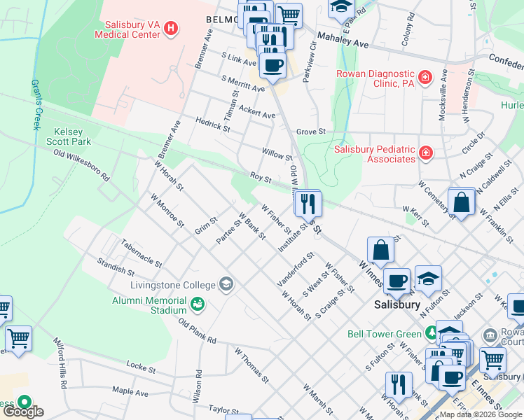 map of restaurants, bars, coffee shops, grocery stores, and more near 1100 West Fisher Street in Salisbury