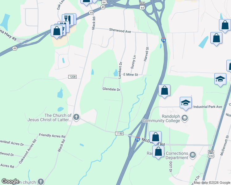 map of restaurants, bars, coffee shops, grocery stores, and more near 646 Glendale Drive in Asheboro