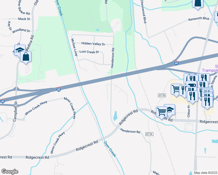 map of restaurants, bars, coffee shops, grocery stores, and more near 143 Henderson Road in Jackson