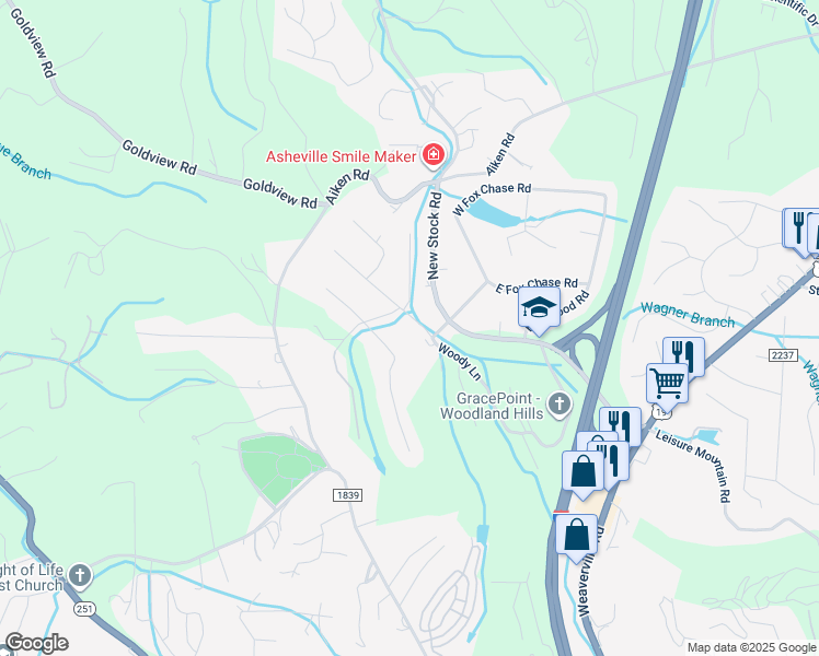 map of restaurants, bars, coffee shops, grocery stores, and more near 2 Acorn Road in Asheville