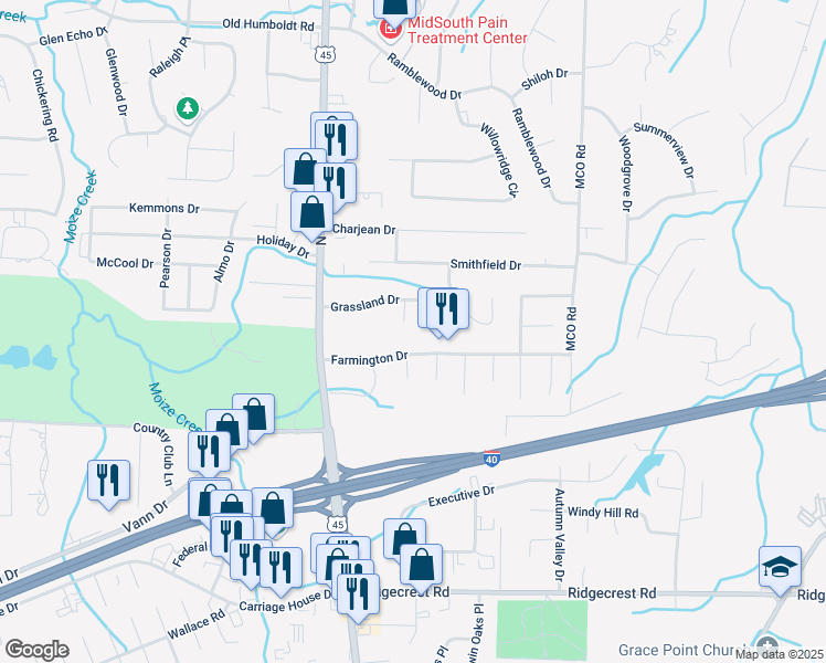 map of restaurants, bars, coffee shops, grocery stores, and more near 90 Grassland Cove in Jackson