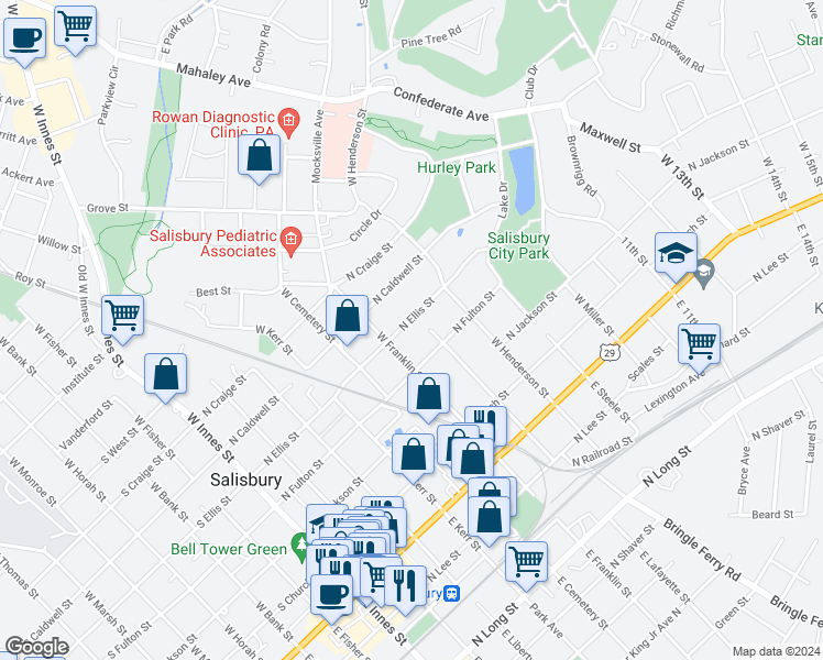 map of restaurants, bars, coffee shops, grocery stores, and more near 621 North Ellis Street in Salisbury