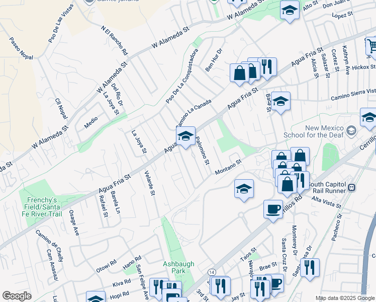 map of restaurants, bars, coffee shops, grocery stores, and more near 1604 Agua Fria Street in Santa Fe