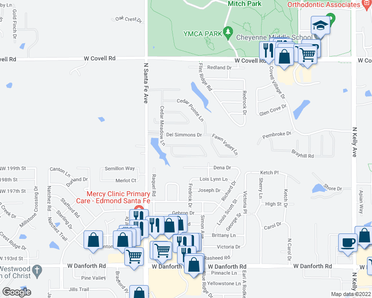 map of restaurants, bars, coffee shops, grocery stores, and more near 2008 Cedar Meadow Lane in Edmond