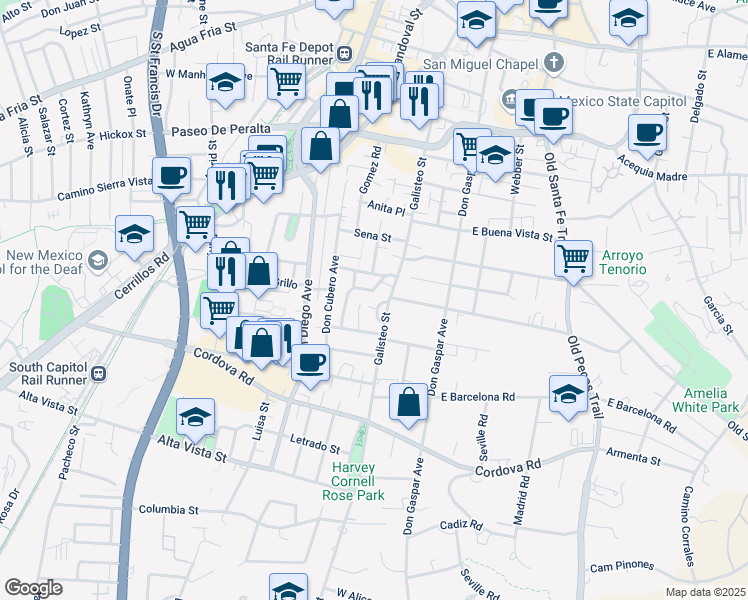 map of restaurants, bars, coffee shops, grocery stores, and more near 918 Galisteo Street in Santa Fe