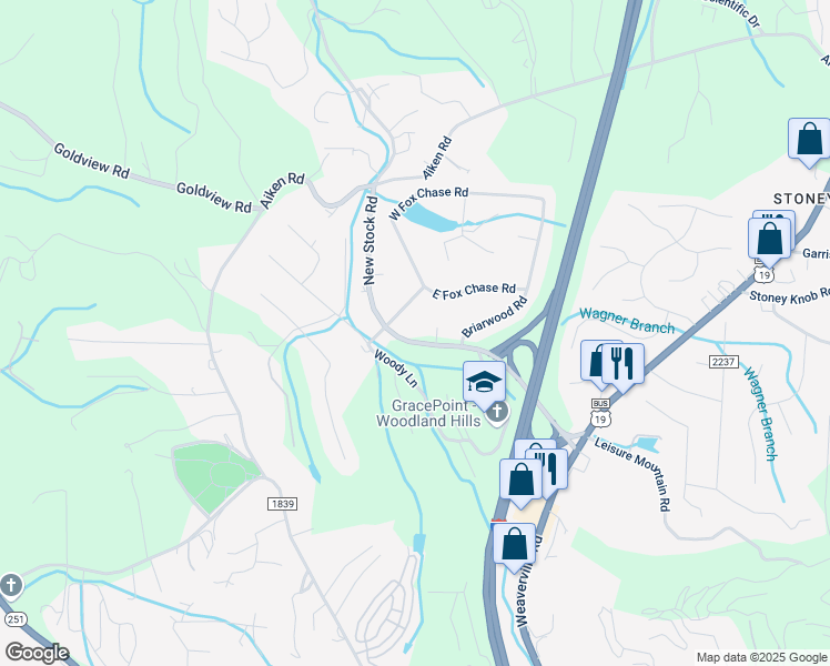map of restaurants, bars, coffee shops, grocery stores, and more near 63 Woodland Hills Road in Asheville