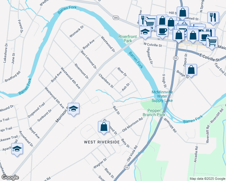 map of restaurants, bars, coffee shops, grocery stores, and more near 210 Chambers St in McMinnville