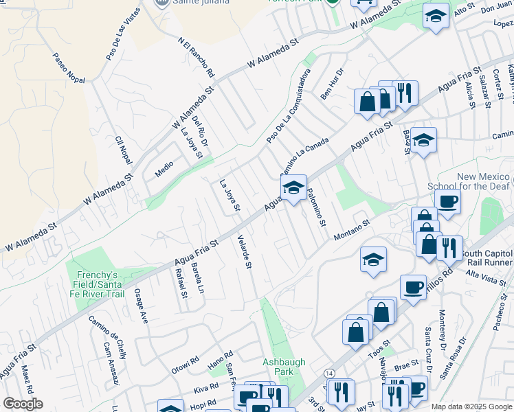 map of restaurants, bars, coffee shops, grocery stores, and more near 1621 1/2 Agua Fria Street in Santa Fe