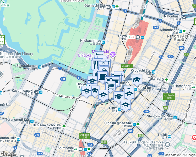 map of restaurants, bars, coffee shops, grocery stores, and more near in Chiyoda City