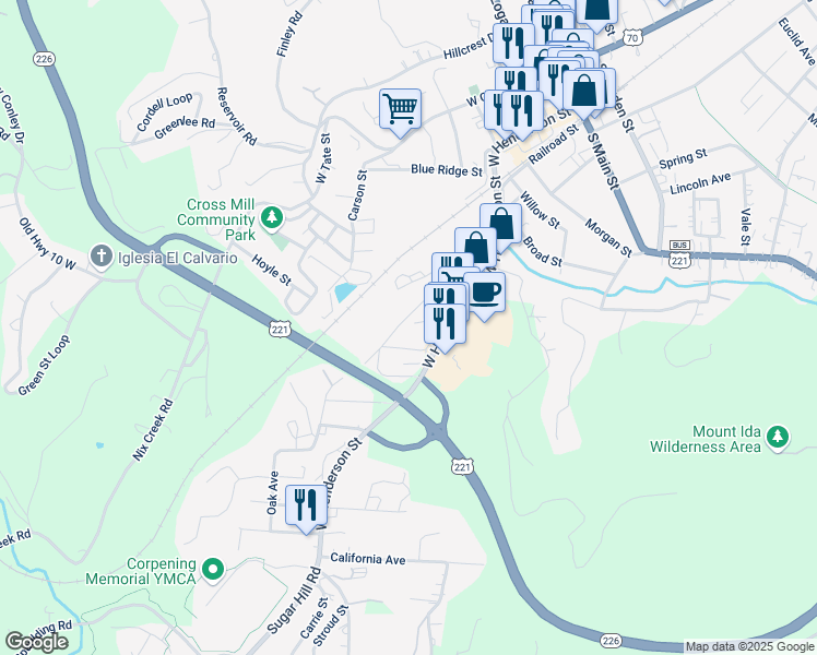 map of restaurants, bars, coffee shops, grocery stores, and more near 104 Buncombe Street in Marion