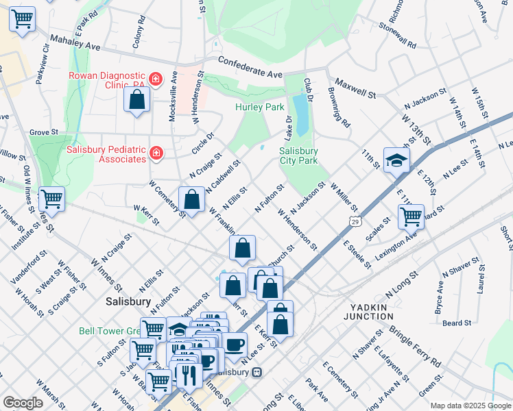 map of restaurants, bars, coffee shops, grocery stores, and more near 716 North Fulton Street in Salisbury