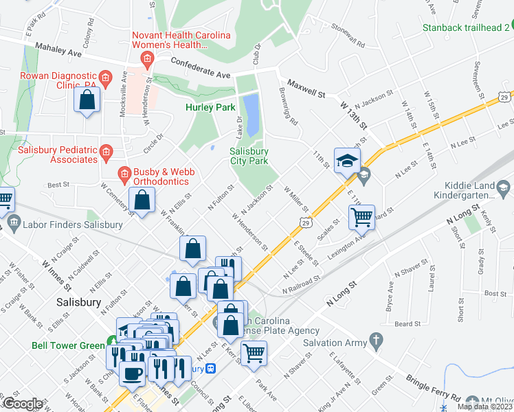 map of restaurants, bars, coffee shops, grocery stores, and more near 831 North Jackson Street in Salisbury