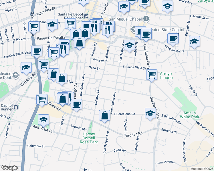 map of restaurants, bars, coffee shops, grocery stores, and more near 125 West Coronado Road in Santa Fe