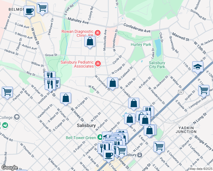 map of restaurants, bars, coffee shops, grocery stores, and more near 121 Mocksville Avenue in Salisbury