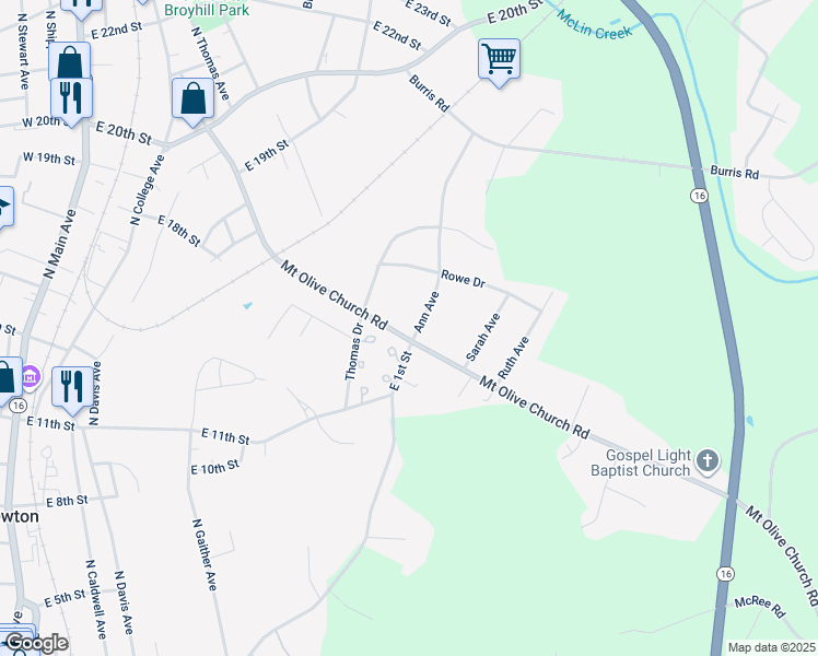map of restaurants, bars, coffee shops, grocery stores, and more near 801 Mount Olive Church Road in Newton