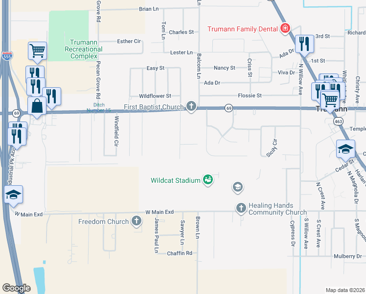 map of restaurants, bars, coffee shops, grocery stores, and more near 416 Twin Hickory Lane in Trumann