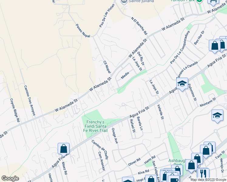 map of restaurants, bars, coffee shops, grocery stores, and more near 2180 West Alameda Street in Santa Fe