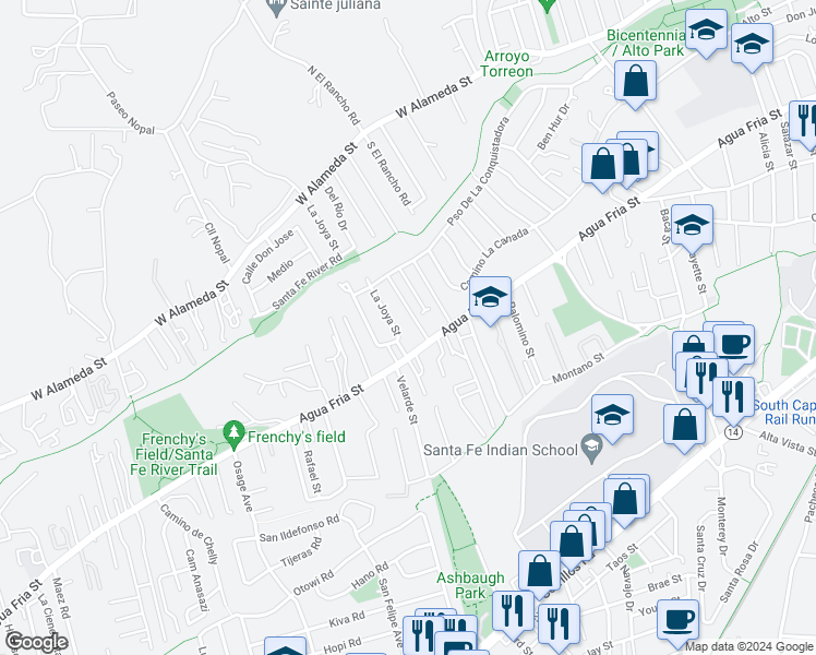 map of restaurants, bars, coffee shops, grocery stores, and more near 431 La Joya Rd in Santa Fe