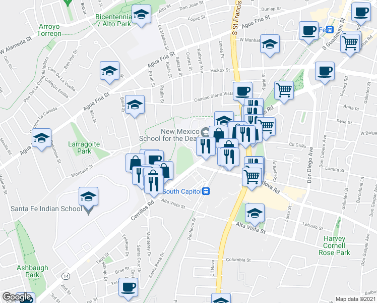 map of restaurants, bars, coffee shops, grocery stores, and more near Airport Road in Santa Fe