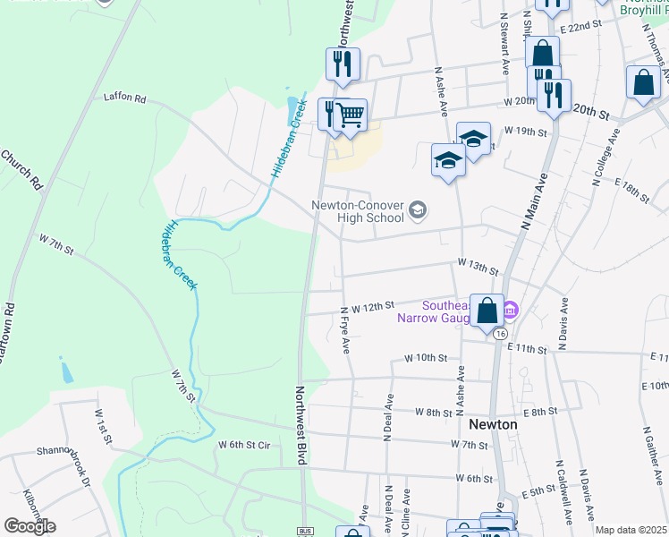 map of restaurants, bars, coffee shops, grocery stores, and more near 1318 North Frye Avenue in Newton