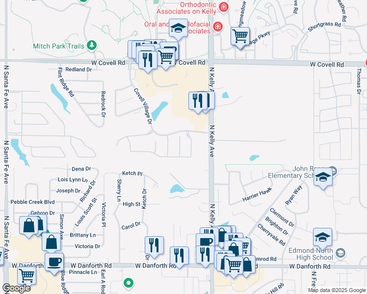map of restaurants, bars, coffee shops, grocery stores, and more near 2100 Kendal Court in Edmond