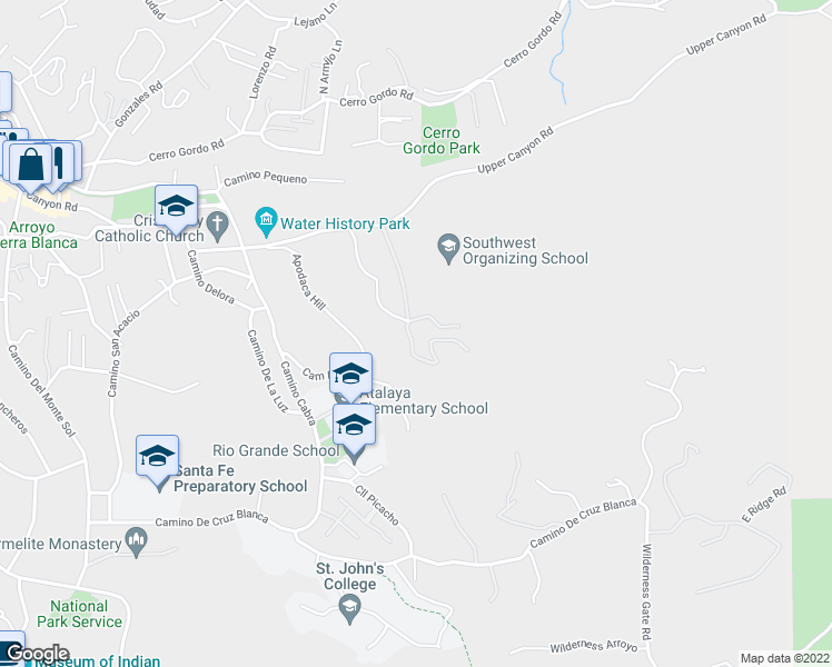 map of restaurants, bars, coffee shops, grocery stores, and more near 708 Camino Militar in Santa Fe