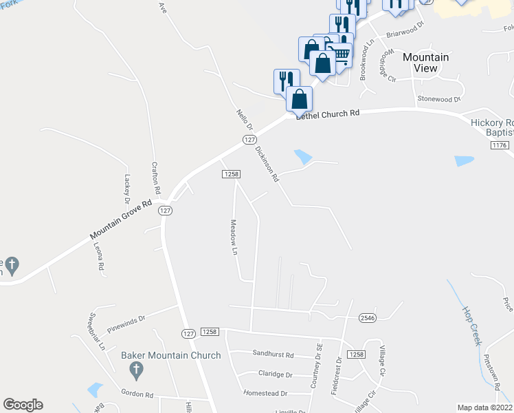 map of restaurants, bars, coffee shops, grocery stores, and more near 5683 Steele St in Hickory
