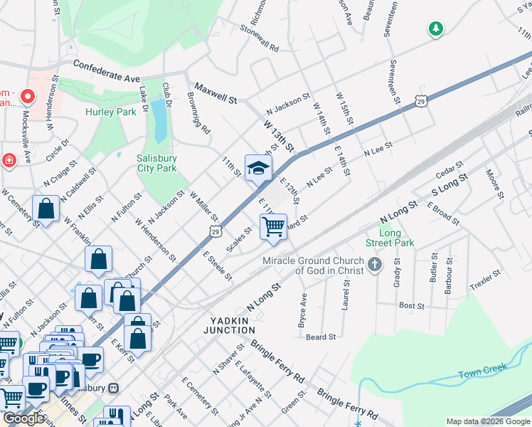 map of restaurants, bars, coffee shops, grocery stores, and more near 127 East 11th Street in Salisbury