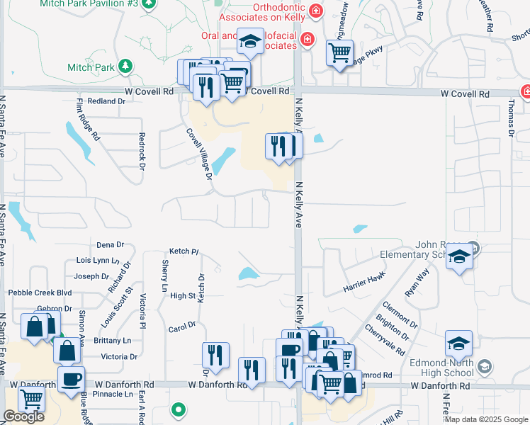 map of restaurants, bars, coffee shops, grocery stores, and more near 2101 New Brook Drive in Edmond