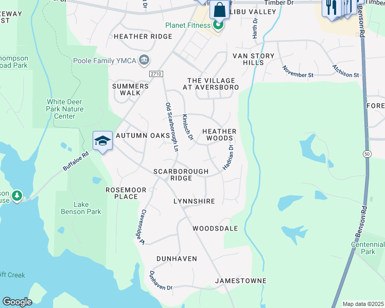 map of restaurants, bars, coffee shops, grocery stores, and more near 209 McNaughton Court in Garner