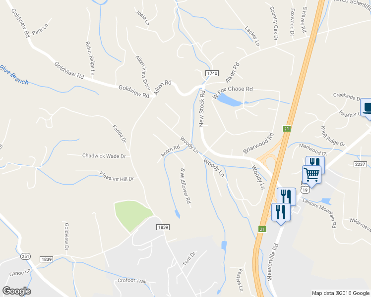 map of restaurants, bars, coffee shops, grocery stores, and more near 2 Acorn Road in Asheville