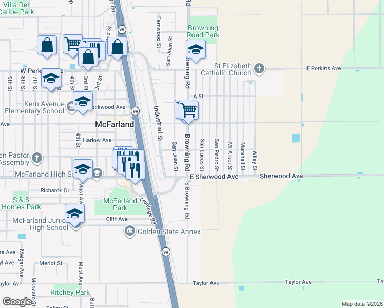 map of restaurants, bars, coffee shops, grocery stores, and more near 172 Browning Road in McFarland