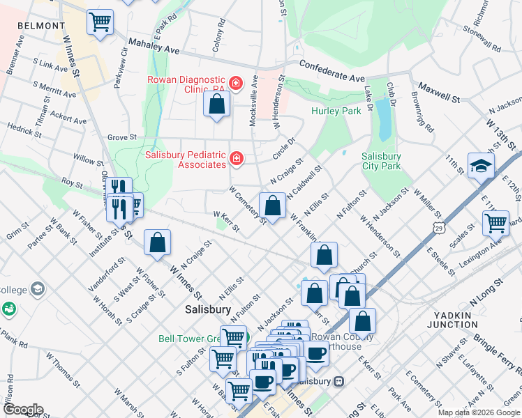 map of restaurants, bars, coffee shops, grocery stores, and more near 121 Mocksville Avenue in Salisbury