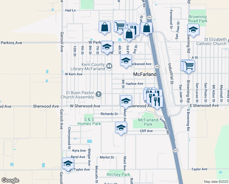 map of restaurants, bars, coffee shops, grocery stores, and more near 446 California Avenue in McFarland