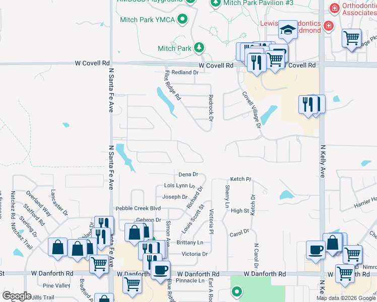 map of restaurants, bars, coffee shops, grocery stores, and more near 1728 Del Simmons Drive in Edmond
