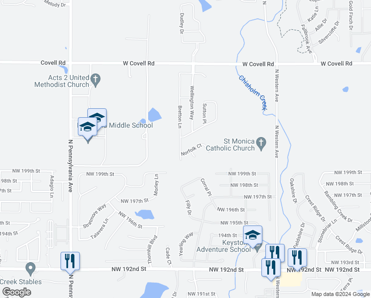map of restaurants, bars, coffee shops, grocery stores, and more near 4309 Norfolk Court in Edmond