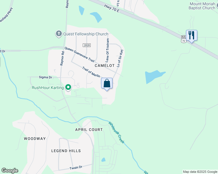 map of restaurants, bars, coffee shops, grocery stores, and more near 514 Trail of Merlin in Garner