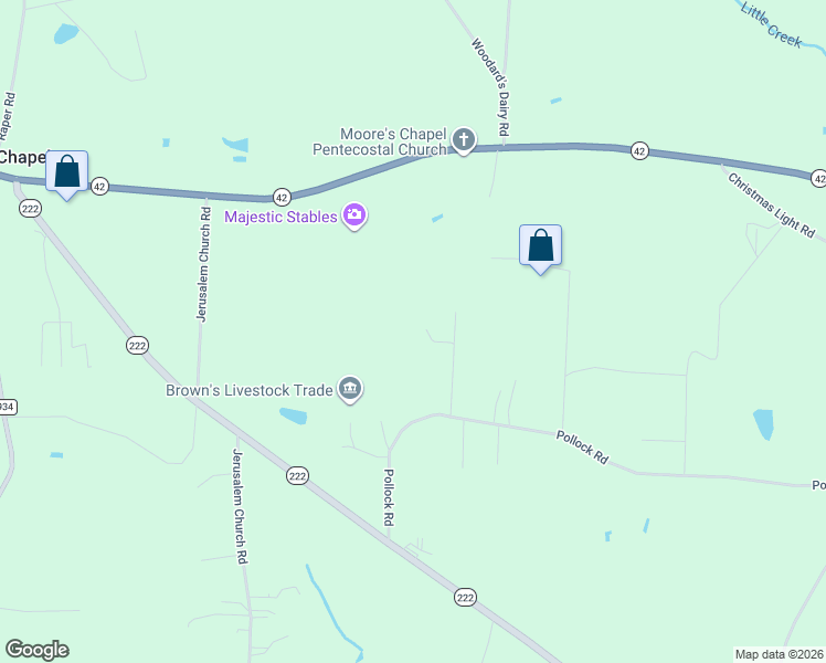 map of restaurants, bars, coffee shops, grocery stores, and more near 171 Long Field Drive in Kenly