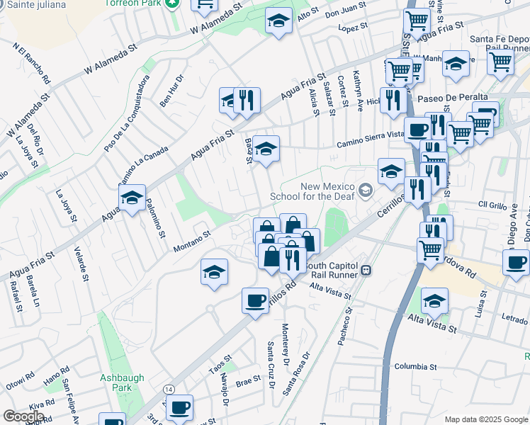 map of restaurants, bars, coffee shops, grocery stores, and more near 799 Baca Street in Santa Fe