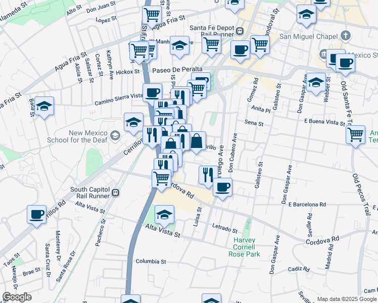 map of restaurants, bars, coffee shops, grocery stores, and more near 618 Don Canuto St in Santa Fe