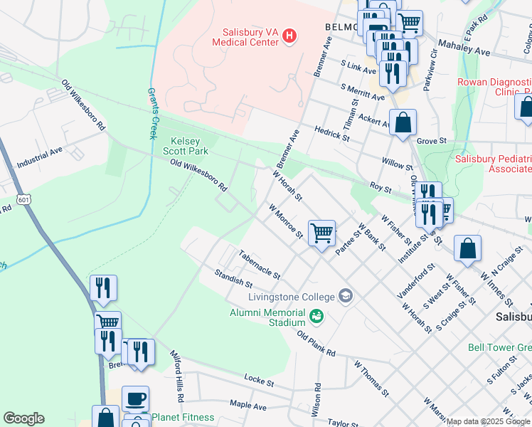 map of restaurants, bars, coffee shops, grocery stores, and more near 1504 Old Wilkesboro Road in Salisbury