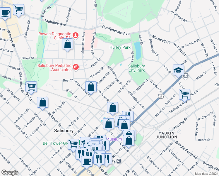 map of restaurants, bars, coffee shops, grocery stores, and more near 631 North Ellis Street in Salisbury