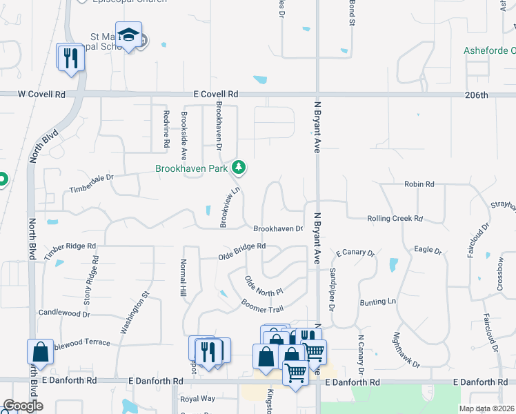 map of restaurants, bars, coffee shops, grocery stores, and more near 2105 Brookwood Place in Edmond